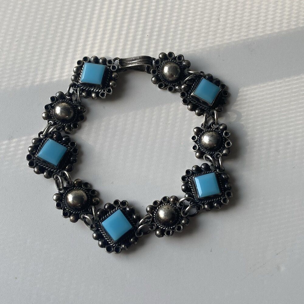VTG 925 Sterling Silver 40s/50s Ornate Turquoise Glass Panel Bracelet 14g MEXICO